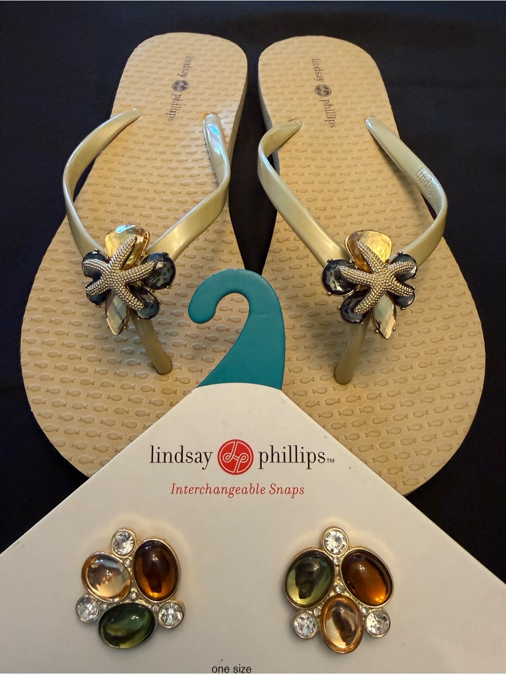 lindsay phillips Gold Jeweled Flip Flops with 2 pair interchangeable snaps.